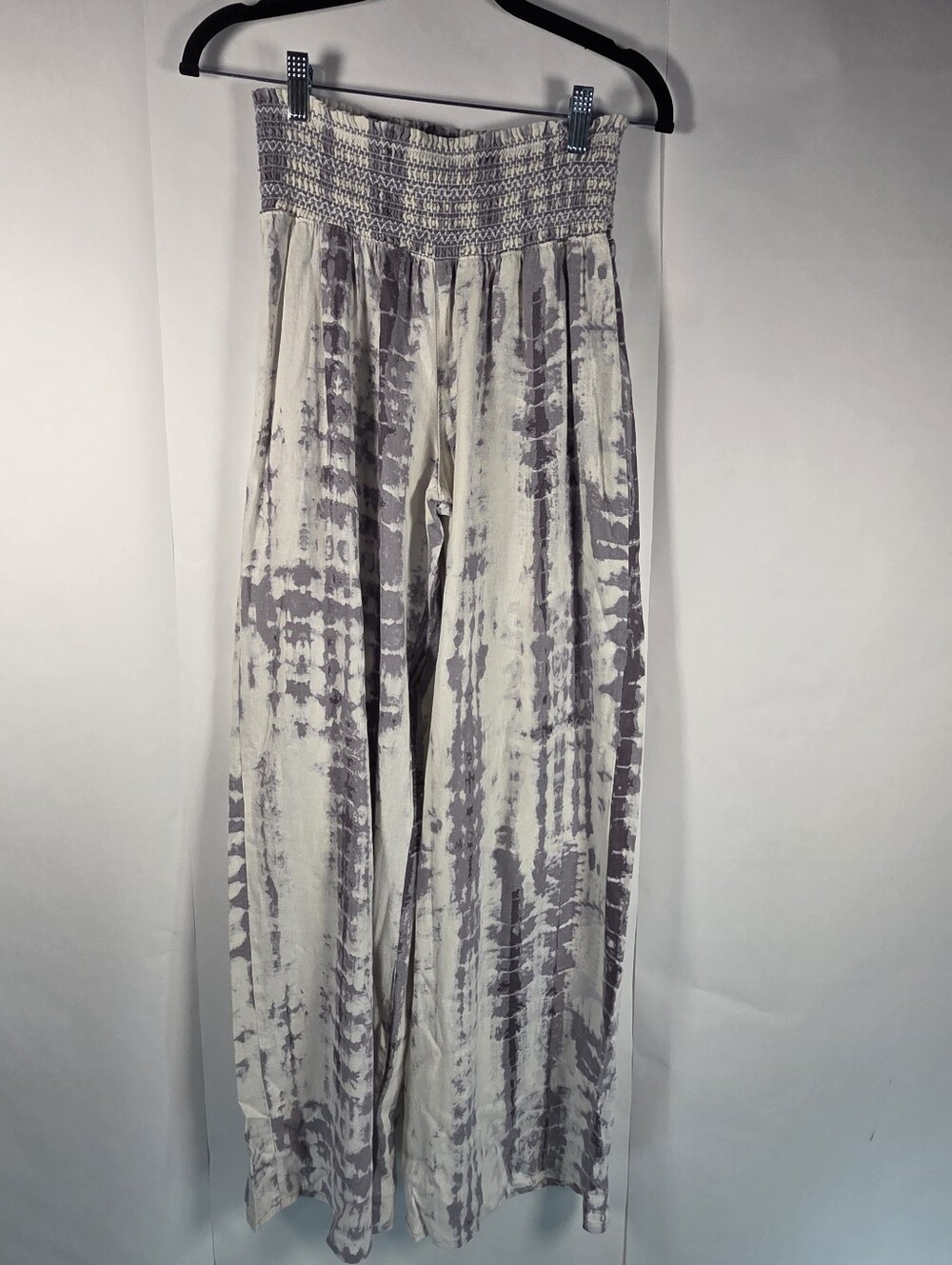 Rewash White & Light Gray Tie-Dye Smocked Wide-Leg Pants